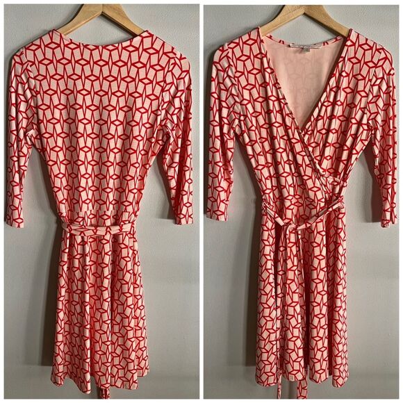 41 Hawthorn Red Geometric Print Wrap Dress M Long Sleeve Belted Knit - Picture 1 of 8
